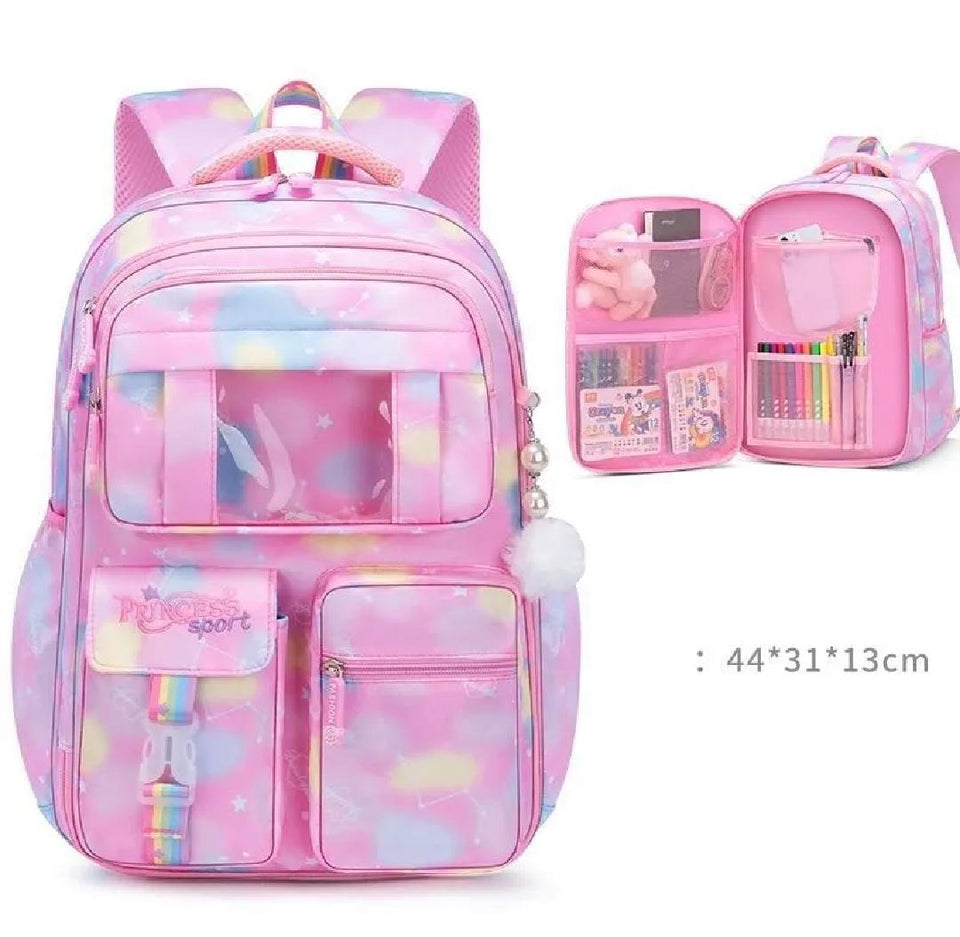 Princess Dream Rainbow School Backpack – Large Capacity Ergonomic Pastel Book Bag for Girls (44×31×13 cm)