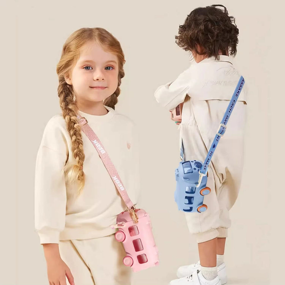 School Bus Design Kids Water Bottle With Strap 600ml | Random Color