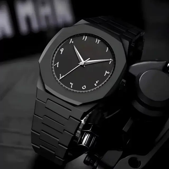 Black Minimalist Analog Wrist Aura Watch With Stainless Steel Strap And Butterfly Lock