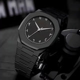 Black Minimalist Analog Wrist Aura Watch With Stainless Steel Strap And Butterfly Lock