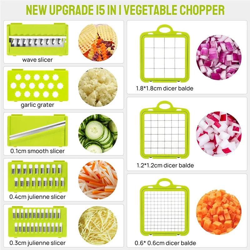 Multifunctional Vegetable Cutter with Container – 13 Blade Food Chopper for Slicing, Dicing & Grating Kitchen Use