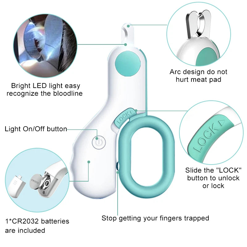 Pet Nail Clippers with LED Light – Stainless Steel Cat & Small Dog Claw Cutter Grooming Scissors