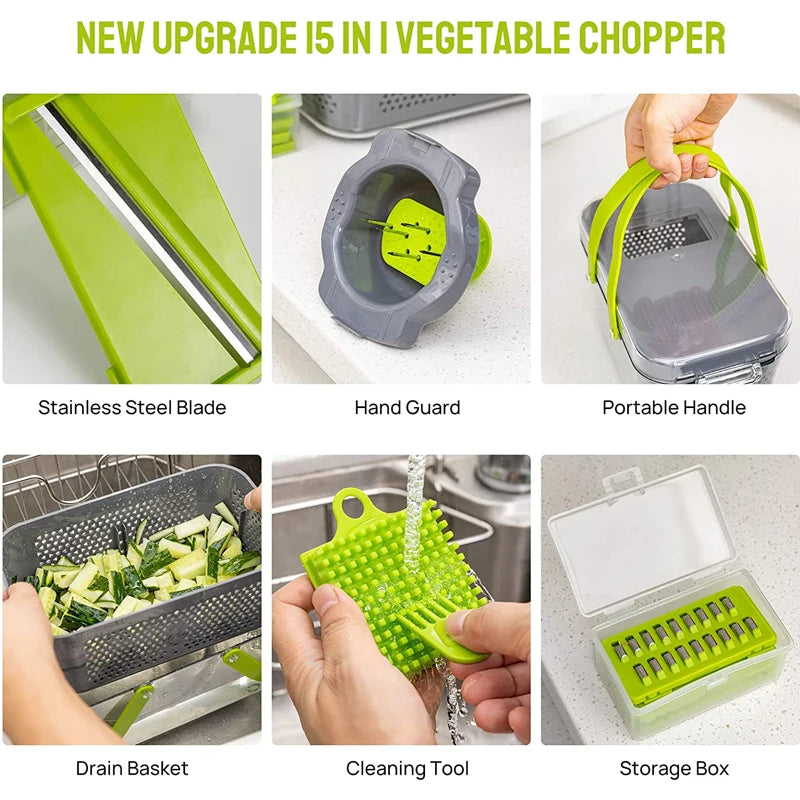 Multifunctional Vegetable Cutter with Container – 13 Blade Food Chopper for Slicing, Dicing & Grating Kitchen Use