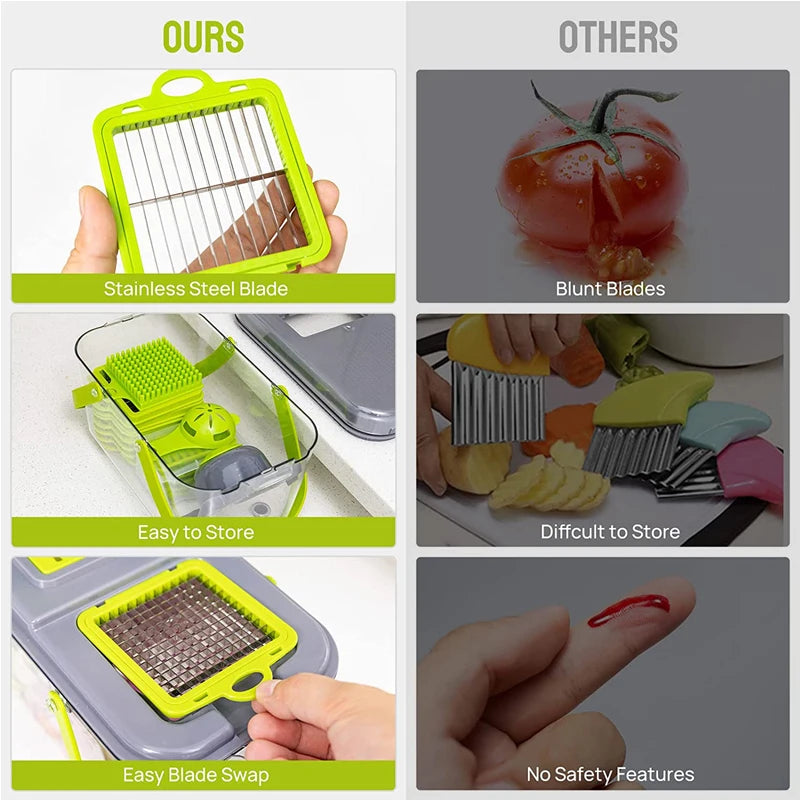 Multifunctional Vegetable Cutter with Container – 13 Blade Food Chopper for Slicing, Dicing & Grating Kitchen Use