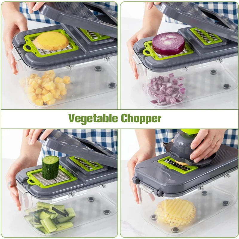 Multifunctional Vegetable Cutter with Container – 13 Blade Food Chopper for Slicing, Dicing & Grating Kitchen Use